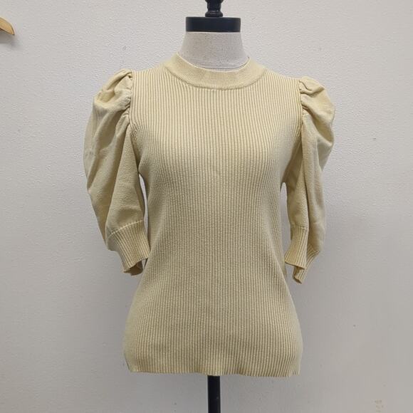 en saison pastel yellow knit short sleeve sweater puff sleeve size Large - Picture 1 of 5